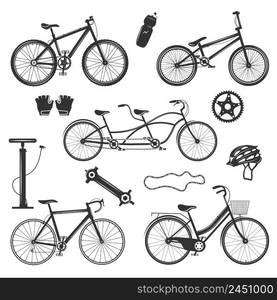 Bicycle vintage elements collection of isolated silhouette images with different bike models spare parts and accessories vector illustration. Bicycle Vintage Elements Set