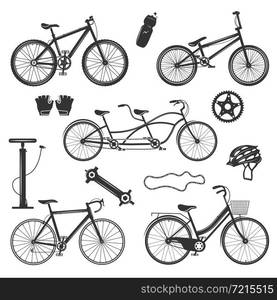 Bicycle vintage elements collection of isolated silhouette images with different bike models spare parts and accessories vector illustration. Bicycle Vintage Elements Set