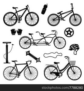 Bicycle vintage elements collection of isolated silhouette images with different bike models spare parts and accessories vector illustration. Bicycle Vintage Elements Set