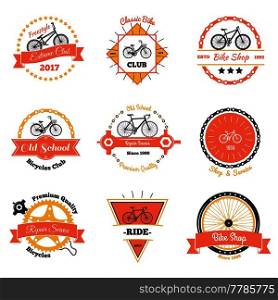 Bicycle vintage emblems color collection of nine isolated decorative oldschool labels with crawler wheel and chain vector illustration. Bicycle Club Oldschool Emblems