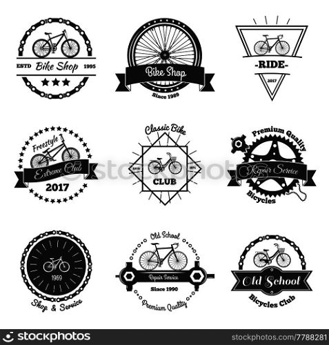 Bicycle vintage emblems set of isolated oldschool style bike club labels with decorative shapes and text vector illustration. Bicycle Monochrome Emblems Collection