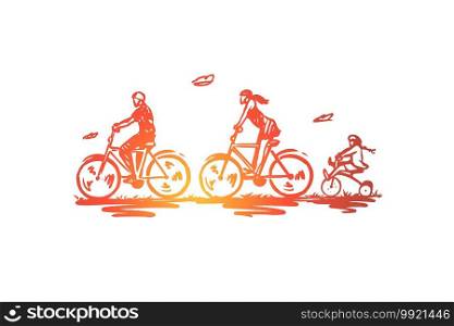 Bicycle, walk, sport, family, active concept. Hand drawn family activity with bikes concept sketch. Isolated vector illustration.. Bicycle, walk, sport, family, active concept. Hand drawn isolated vector.