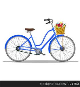 Bicycle with basket of flowers. Spring time. Vector illustration in flat design. Bicycle with basket of flowers.