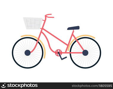 Bicycle with basket semi flat color vector object. Full sized item on white. Choosing right bike. Vintage look cycle isolated modern cartoon style illustration for graphic design and animation. Bicycle with basket semi flat color vector object