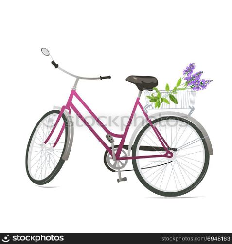 Bicycle with flowers. Bicycle with flowers in a basket. Vector illustration.