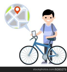 Bicycle with guy with backpack. Healthy lifestyle. Cartoon flat illustration. Urban transport. Hobby and sport. City map and navigation. Modern technology. Young boy. Summer activity. Man riding bike.