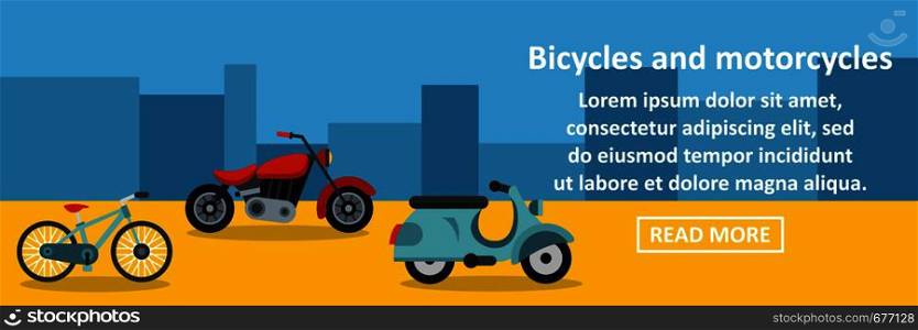 Bicycles and motorcycles banner horizontal concept. Flat illustration of bicycles and motorcycles banner horizontal vector concept for web. Bicycles and motorcycles banner horizontal concept
