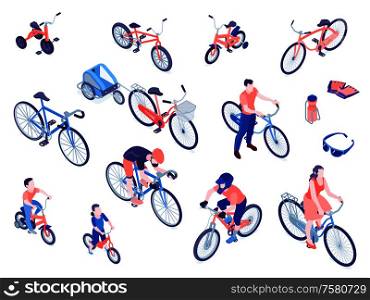 Bicycles isometric icons set with sport mountain city kids bikes trailers for child pet cargo vector illustration