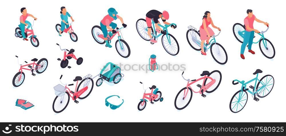 Bicycles isometric set with sport city kids bikes trailers for child pet cargo accessories tools vector illustration