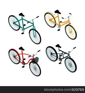 Bicycles isometric. Various types of bikes. Bicycle 3d collection illustration. Bicycles isometric. Various types of bikes on white