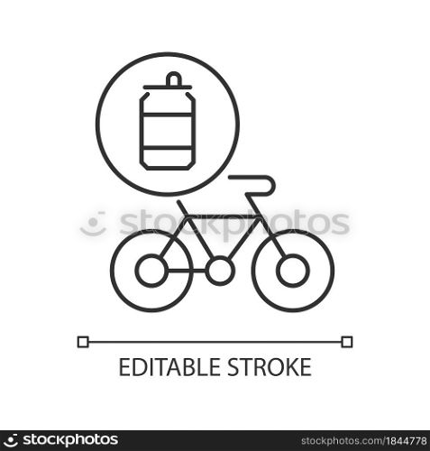 Bicycles made from steel cans linear icon. Eco friendly manufacturing bikes. Conscious equipment. Thin line customizable illustration. Contour symbol. Vector isolated outline drawing. Editable stroke. Bicycles made from steel cans linear icon