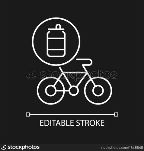 Bicycles made from steel cans white linear icon for dark theme. Eco friendly manufacturing bikes. Thin line customizable illustration. Isolated vector contour symbol for night mode. Editable stroke. Bicycles made from steel cans white linear icon for dark theme