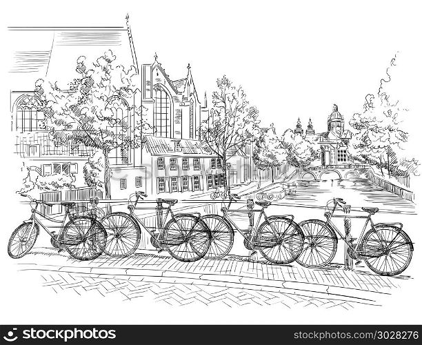 Bicycles on bridge over the canals of Amsterdam, Netherlands. Landmark of Netherlands. Vector hand drawing illustration in black color isolated on white background.. Bicycles on bridge over the canals of Amsterdam, Netherlands
