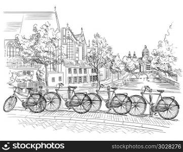 Bicycles on bridge over the canals of Amsterdam, Netherlands. Landmark of Netherlands. Vector hand drawing illustration in black color isolated on white background.. Bicycles on bridge over the canals of Amsterdam, Netherlands