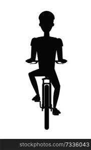 Bicyclist on bicycle black silhouette isolated on white background. Person riding on bike in cap, sport biking transport monochrome icon in flat style. Bicyclist on Bicycle Black Silhouette Isolated White