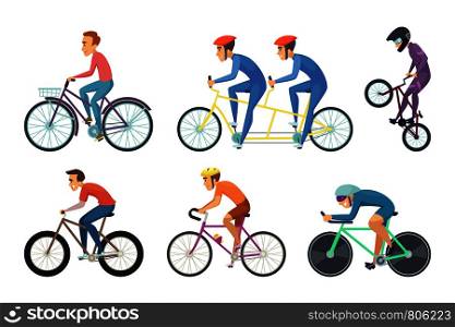 Bicyclist ride various bikes. Funny characters isolate on white background. Bike transport for walking, road and mountain bicycle. Vector illustration. Bicyclist ride various bikes. Funny characters isolate on white background
