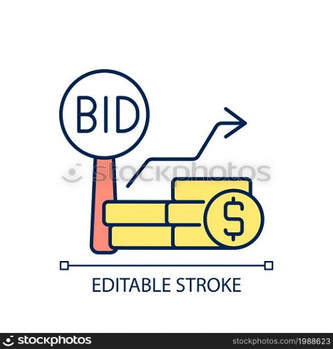 Bid increments RGB color icon. Minimum price increasing. Competitive bargaining. Bidding for items. Public sales. Isolated vector illustration. Simple filled line drawing. Editable stroke. Bid increments RGB color icon