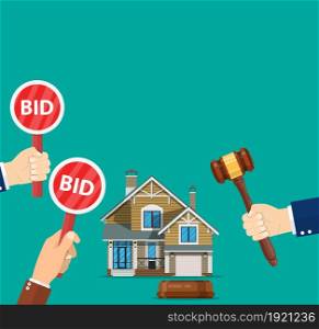 Bidding auction concept. Holding a sign Bid. Business sales. Buying selling house from auction. Auctioneer hold in hand gavel. Vector illustration in flat design. Bidding auction concept.