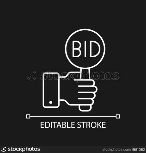 Bidding linear icon for dark theme. Offering highest price to win. Bargaining for item. Thin line customizable illustration. Isolated vector contour symbol for night mode. Editable stroke. Bidding linear icon for dark theme