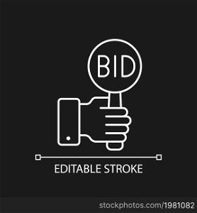 Bidding linear icon for dark theme. Offering highest price to win. Bargaining for item. Thin line customizable illustration. Isolated vector contour symbol for night mode. Editable stroke. Bidding linear icon for dark theme