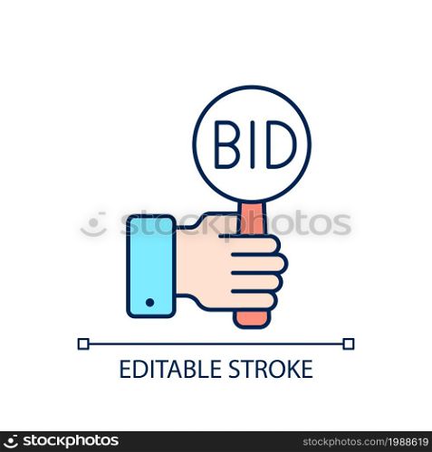 Bidding RGB color icon. Offering highest price to win. Bargaining for item. Auction participants. Public sales. Isolated vector illustration. Simple filled line drawing. Editable stroke. Bidding RGB color icon