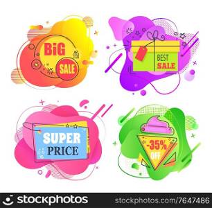 Big and best sale, super price, off 35 percent discount, poster with shape of round, gift box, tag and ice-cream, label set, advertising symbol vector. Shopping Poster, Advertising Symbol, Ad Vector