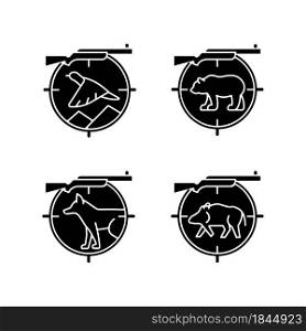 Big and small game hunting black glyph icons set on white space. Hunting weapon to kill boar and deer. Prey pursuit. Hunter equipment. Silhouette symbols. Vector isolated illustration. Big and small game hunting black glyph icons set on white space