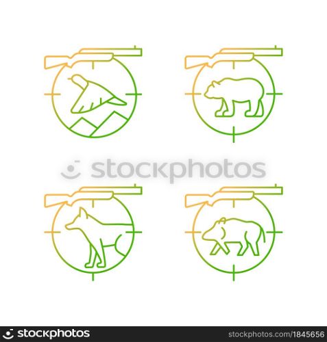 Big and small game hunting gradient linear vector icons set. Hunting weapon to kill boar and deer. Hunter equipment. Thin line contour symbols bundle. Isolated outline illustrations collection. Big and small game hunting gradient linear vector icons set