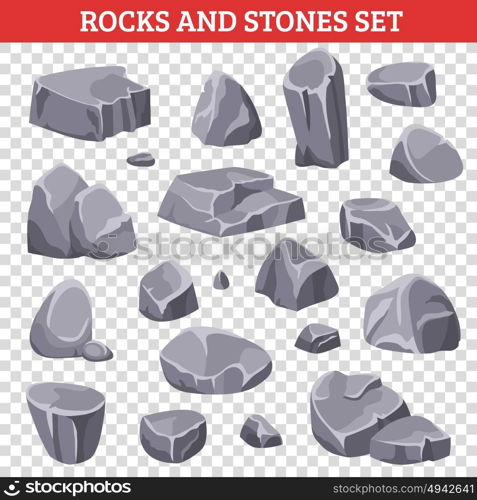 Big And Small Gray Rocks And Stones. Big and small gray rocks and stones mountain set on transparent background isolated vector illustration