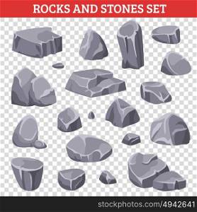 Big And Small Gray Rocks And Stones. Big and small gray rocks and stones mountain set on transparent background isolated vector illustration