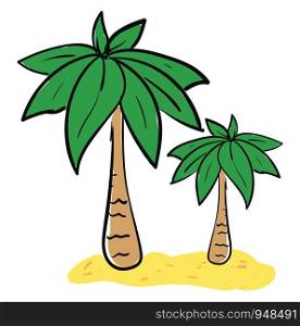 Big and small palm trees on sand, illustration, vector on white background.
