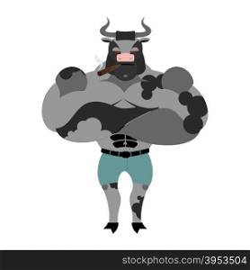 Big and strong Bull. Farm animal bodybuilder with large horns. Evil and powerful animal with cigar.&#xA;