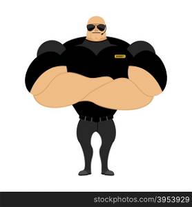 Big and strong security guard. Man with big muscles. Security guard nightclub. Athlete with big muscles in black t-shirt.