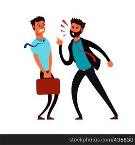 Big angry boss screaming out on employee. Cartoon business vector concept. Illustration of angry boss and employee worker. Big angry boss screaming out on employee. Cartoon business vector concept