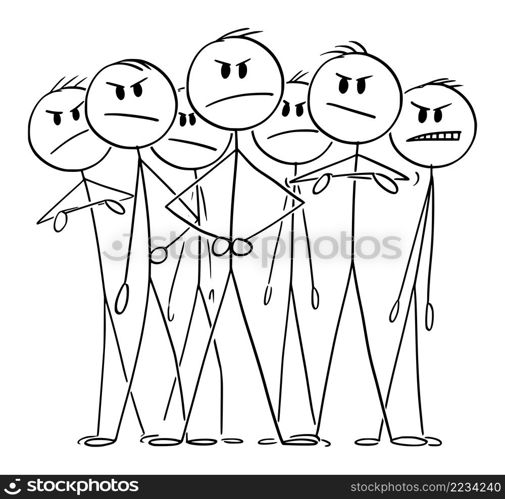 Big angry smiling business team with leader in front, vector cartoon stick figure or character illustration.. Big Angry Business Team With Leader, Vector Cartoon Stick Figure Illustration