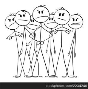 Big angry smiling business team with leader in front, vector cartoon stick figure or character illustration.. Big Angry Business Team With Leader, Vector Cartoon Stick Figure Illustration