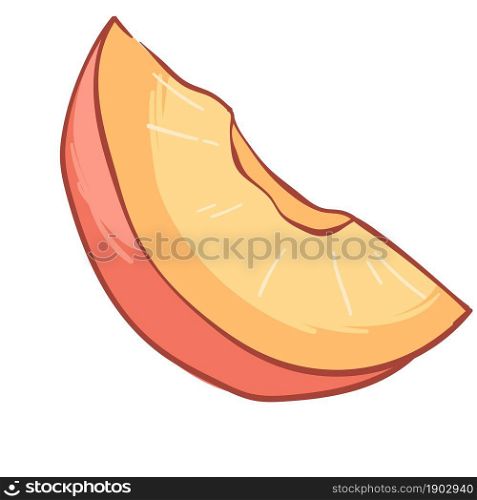 Big apricot or nectarine, peach cut in slice, isolated organic and tasty product. Fresh fleshy fruit for vegans and vegetarians. Harvesting and growing sweet ingredients. Vector in flat style. Nectarine or peach, apricots big juicy slices