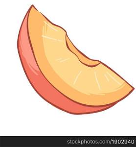 Big apricot or nectarine, peach cut in slice, isolated organic and tasty product. Fresh fleshy fruit for vegans and vegetarians. Harvesting and growing sweet ingredients. Vector in flat style. Nectarine or peach, apricots big juicy slices
