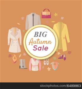 Big Autumn Fall Outerwear Sale Banner Poster.. Big autumn sale. Fall outerwear sale banner poster. Autumn old collection sale. Discount on stylish fashionable designers clothes. Best world brands trends at low price. Thanksgiving day sale. Vector
