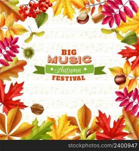 Big autumn music festival background with bright fall leaves chestnuts berries and acorns on textural background flat vector illustration. Fall Leaves Background