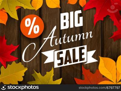 Big autumn sale. Autumn leaves on dark wooden background. Design element for flyer, poster. Vector illustration.
