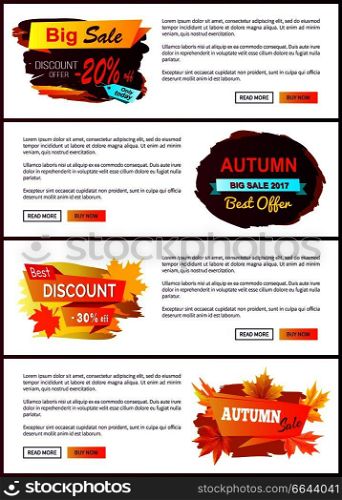 Big autumn sale new offer discounts only today best choice price off 2017 set of vector posters with text online web pages with color fall labels. Big Autumn Sale New Offer Discounts Vector Posters