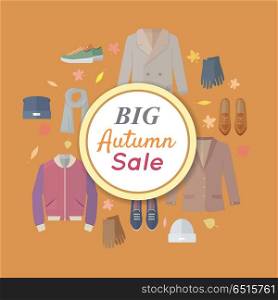 Big autumn sales vector concept. Flat design. Warm men s clothes, shoes and accessories for cold season on orange background with fallen leaves and sticker with text For store discounts ad design. Seasonal Sale Vector Concept in Flat Design. Seasonal Sale Vector Concept in Flat Design