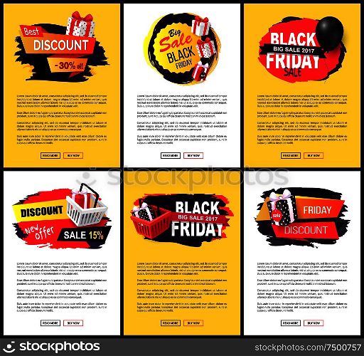 Big autumnal offer on black friday holiday sale vector. Web pages with text and boxes, presents and gifts bought in shops with discounts and offers. Big Autumnal Offer on Black Friday Holiday Sale