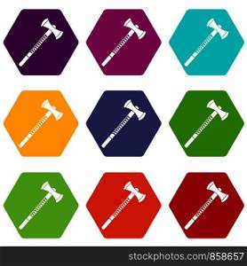 Big ax icon set many color hexahedron isolated on white vector illustration. Big ax icon set color hexahedron
