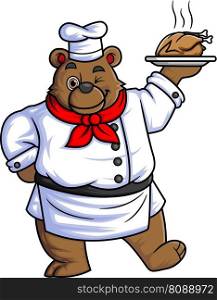 big bear cartoon character wearing chef clothes and cook hat carrying big fried chicken of illustration