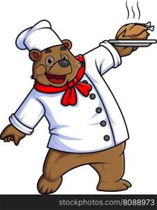 big bear cartoon character wearing chef s clothes and carrying a large fried chicken of illustration