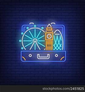Big Ben, London Eye in open suitcase neon sign. Tourism, vacation, travel design. Night bright neon sign, colorful billboard, light banner. Vector illustration in neon style.