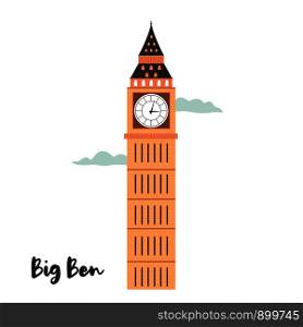 Big Ben London famous landmark, attraction isolated on white background. Vector illustration. Big Ben London famous landmark, attraction