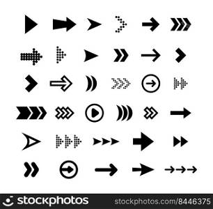 Big black arrows flat icon set. Modern abstract simp≤cursors, po∫ers and direction buttons vector illustration col≤ction. Web design and digital graφc e≤ments concept